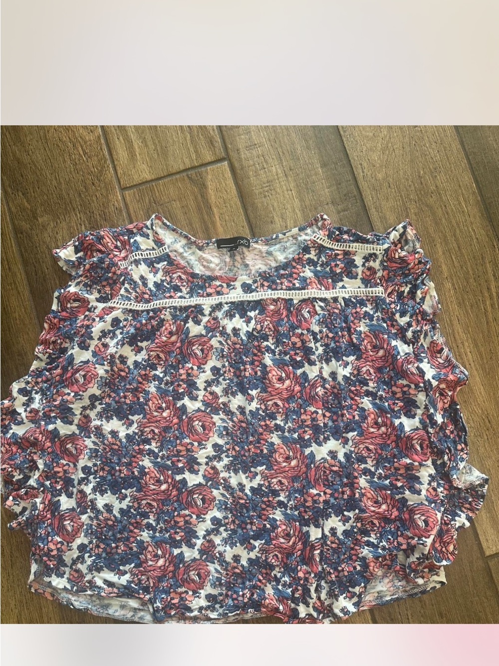 RXB Floral Crochet-accent Blouse in White, Rose & Navy
